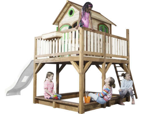 Cabane de jeux sur pilotis axi Liam 377 x 255 cm bois brun avec toboggan blanc