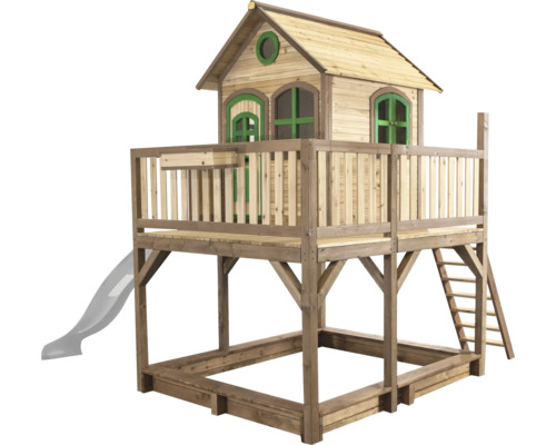 Cabane de jeux en bois avec toboggan, échelle et bac à sable