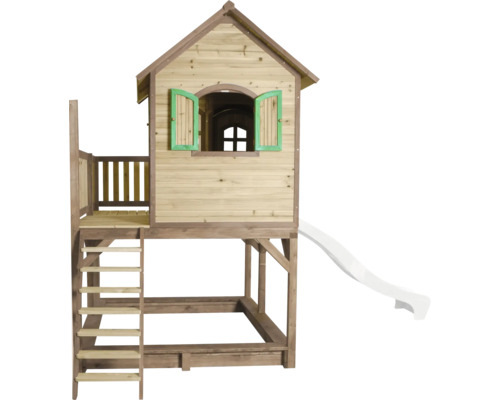 Maisonnette en bois avec toboggan et bac à sable