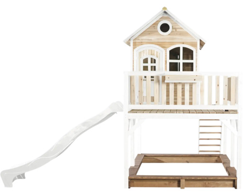 Holzspielhaus mit Rutsche und Sandkasten