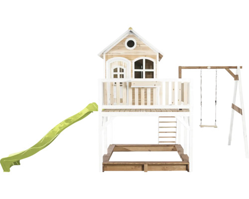 Tour de jeux en bois avec toboggan, balançoire et bac à sable