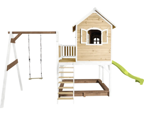 Cabane de jeu avec balançoire, toboggan et bac à sable en bois