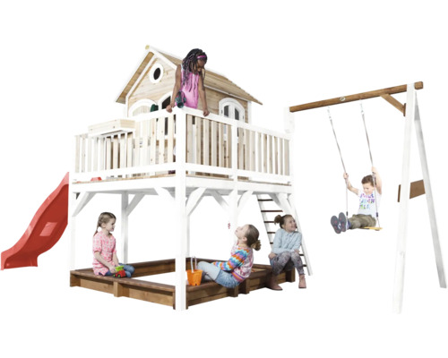 Aire de jeux avec toboggan, balançoire et bac à sable pour enfants