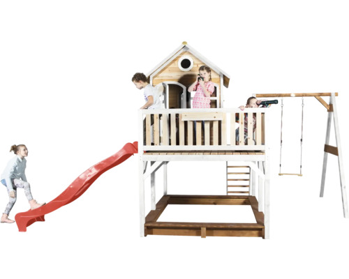 Tour de jeu avec toboggan, balançoire et bac à sable avec des enfants qui jouent