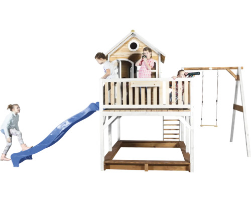 Tour de jeux avec toboggan, balançoire et bac à sable en bois