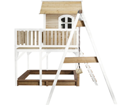 Tour de jeu avec balançoire, bac à sable et cabane en bois