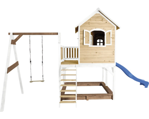 Aire de jeux en bois avec balançoire, cabane, toboggan et bac à sable