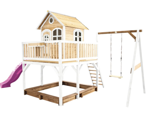 Maison de jeux en bois avec toboggan, balançoire et bac à sable pour le jardin