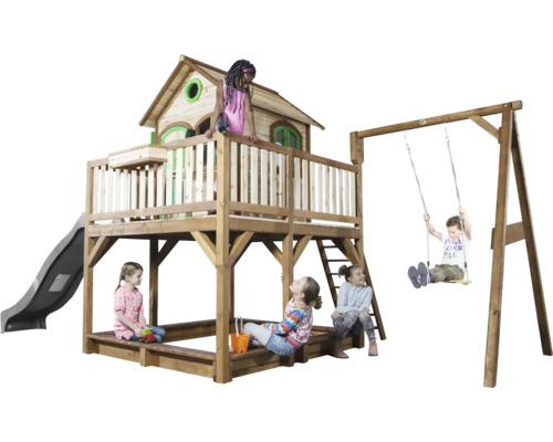 Cabane de jeux sur pilotis axi Liam 541 x 277 cm bois marron avec balançoire, toboggan gris Cabane de jeux sur pilotis axi Liam 541 x 277 cm bois marron avec balançoire, toboggan gris