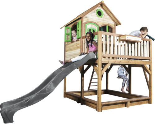 Maisonnette avec toboggan, balançoire et bac à sable pour enfants