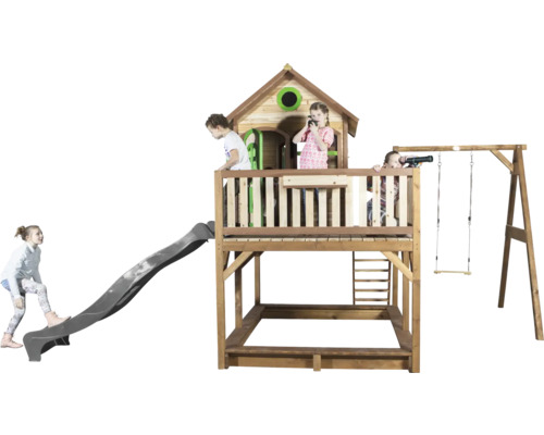 Aire de jeux avec toboggan, balançoire et cabane pour enfants