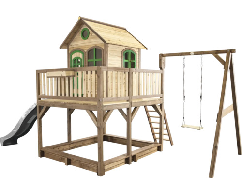 Tour de jeu en bois avec toboggan, bac à sable et balançoire