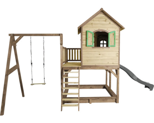 Aire de jeux avec balançoire, cabane, toboggan et échelle