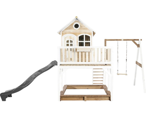 Maisonnette avec toboggan, bac à sable et balançoire