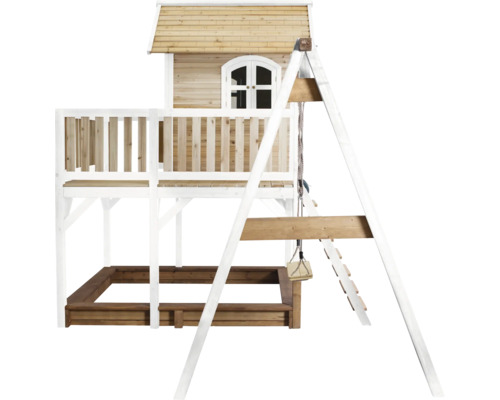 Maison de jeu en bois avec balançoire et bac à sable pour le jardin