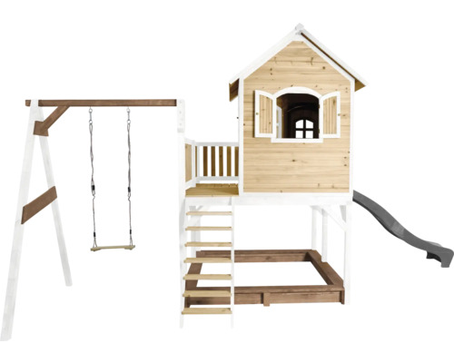 Tour de jeu avec balançoire, toboggan et bac à sable
