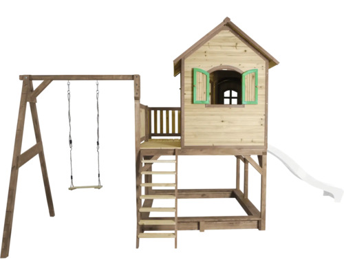 Tour de jeu avec balançoire et toboggan en bois