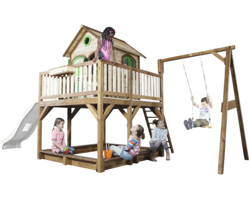 Aire de jeux en bois avec toboggan, balançoire et bac à sable