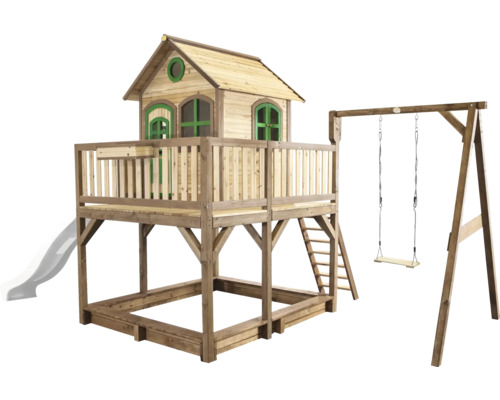 Cabane de jeux sur pilotis axi Liam 541 x 277 cm bois marron avec balançoire, toboggan blanc