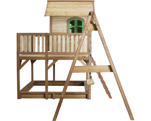 Tour de jeux avec bac à sable, toboggan et balançoire en bois