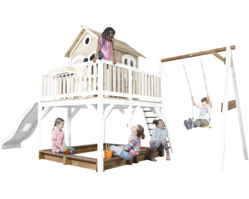 Aire de jeux avec cabane, toboggan, bac à sable et balançoire pour enfants