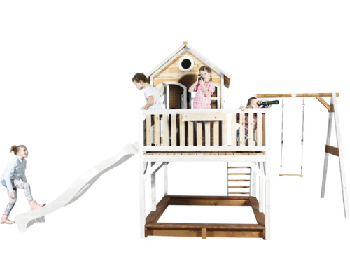 Aire de jeux avec toboggan, balançoire et bac à sable pour enfants dans le jardin