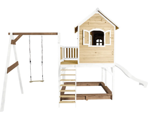 Maisonnette en bois avec balançoire, toboggan et bac à sable