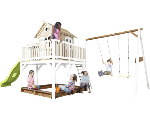 Aire de jeux avec cabane, toboggan, bac à sable et balançoire pour enfants