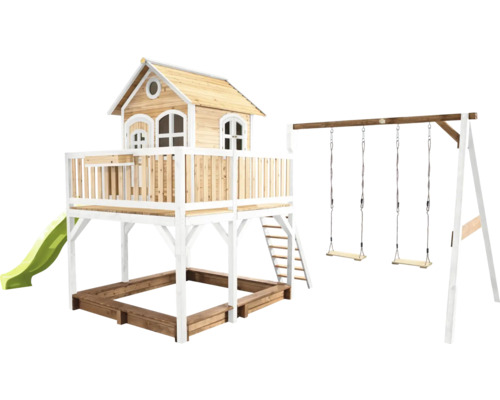 Spielhaus mit Stelzen axi Liam 613 x 277 cm Holz braun bestehend aus Schaukel, Rutsche grün