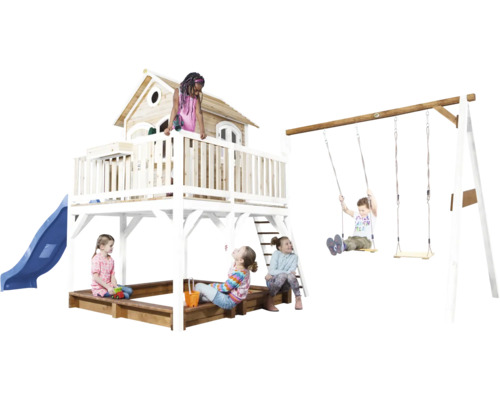 Aire de jeux avec balançoire, toboggan, cabane et bac à sable pour enfants