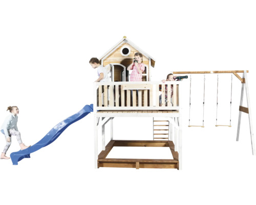 Maisonnette avec toboggan, balançoire et bac à sable pour enfants