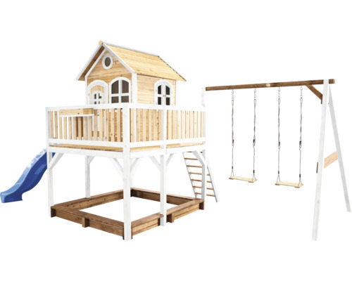 Spielhaus mit Stelzen axi Liam 613 x 277 cm Holz braun bestehend aus Schaukel, Rutsche blau