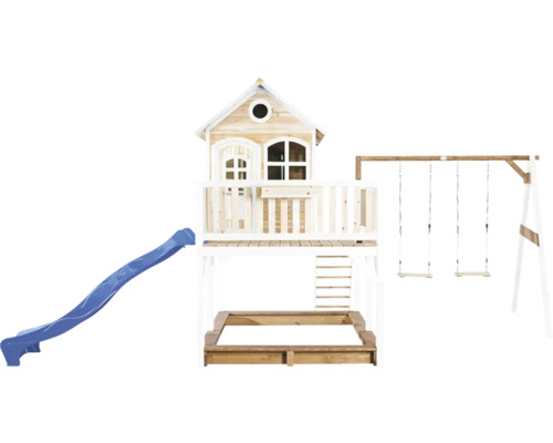 Maisonnette avec toboggan, bac à sable et balançoire en bois