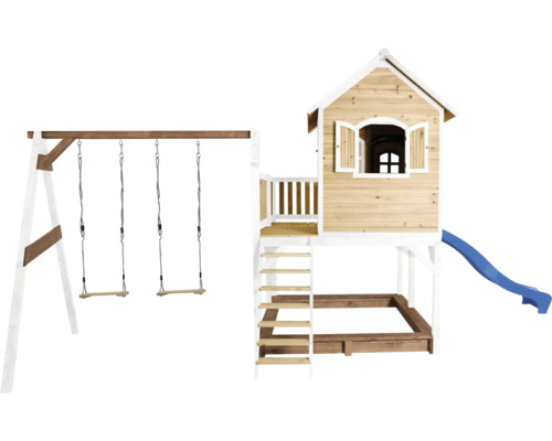 Tour de jeux en bois avec balançoire, toboggan et bac à sable