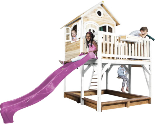 Maisonnette avec toboggan, bac à sable et enfants