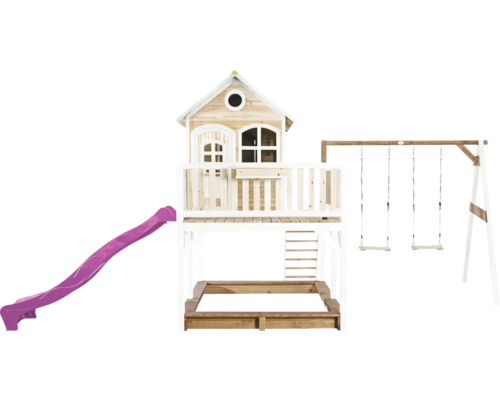 Maisonnette avec toboggan, balançoire et bac à sable