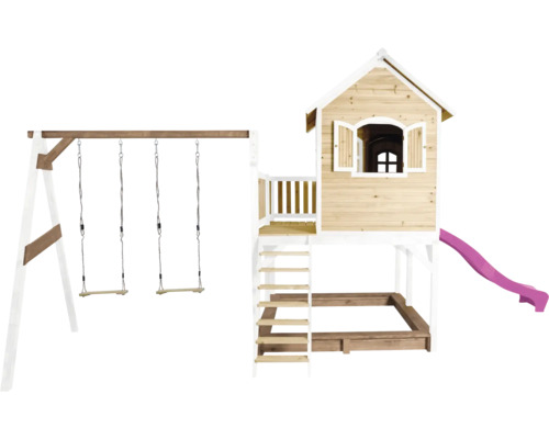 Maisonnette en bois avec balançoire, toboggan et bac à sable