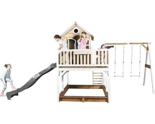 Aire de jeux pour enfants avec toboggan, balançoire et bac à sable