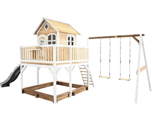 Spielhaus mit Stelzen axi Liam 613 x 277 cm Holz braun bestehend aus Schaukel, Rutsche grau