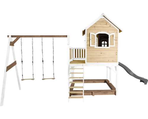 Aire de jeux en bois avec balançoire, cabane, bac à sable et toboggan