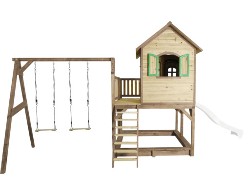 Maisonnette avec balançoire et toboggan en bois