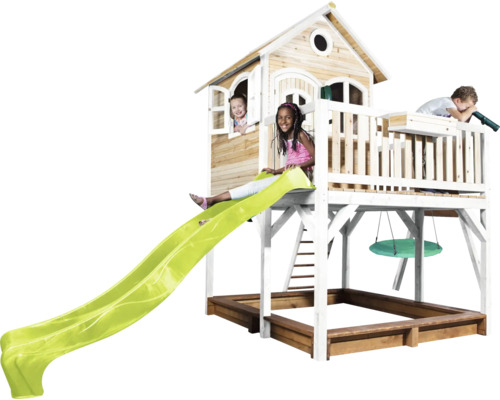 Maisonnette avec toboggan, balançoire et bac à sable pour enfants