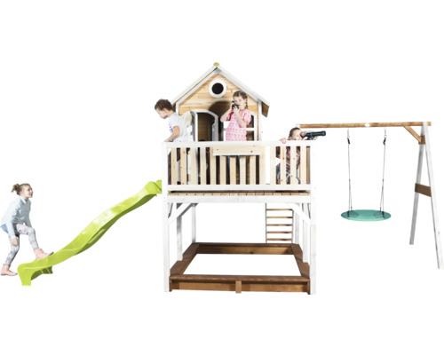 Aire de jeux pour enfants avec cabane, toboggan, bac à sable et balançoire