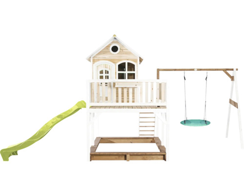 Tour de jeux avec toboggan, balançoire et bac à sable en bois