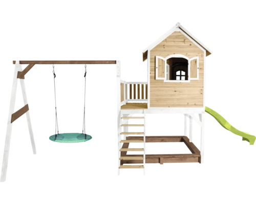 Maison de jeux en bois avec balançoire, toboggan et bac à sable