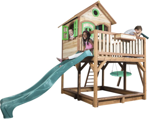 Spielhaus aus Holz mit Rutsche, Schaukel und Sandkasten für Kinder