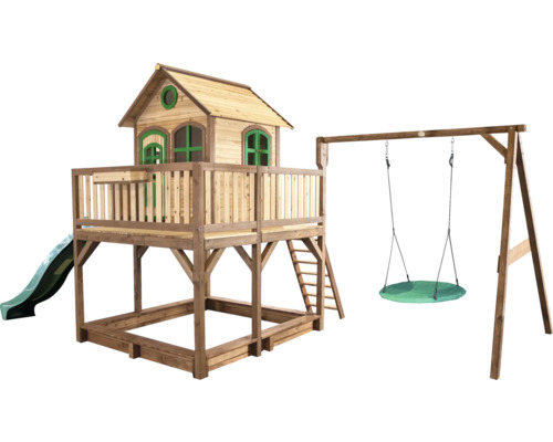 Cabane de jeux sur pilotis axi Liam 613 x 277 cm bois marron avec balançoire vert Cabane de jeux sur pilotis axi Liam 613 x 277 cm bois marron avec balançoire vert