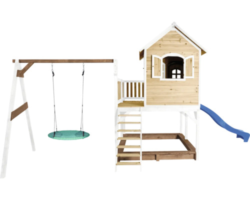 Aire de jeux avec balançoire, bac à sable et toboggan pour le jardin