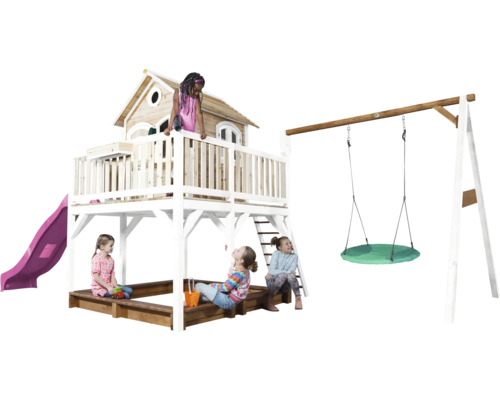 Aire de jeux avec cabane, toboggan, balançoire et bac à sable pour enfants