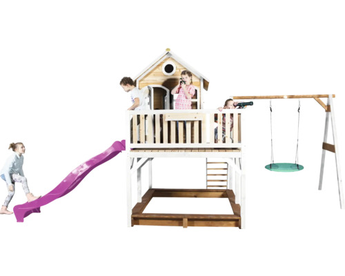 Aire de jeux avec toboggan, bac à sable et balançoire pour enfants